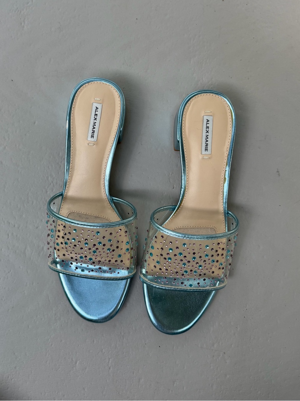 Alex Marie sparkle shoes! Metallic Teal Slide Mules with Clear Rhinestone Strap